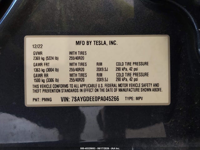 Продаж на аукціоні авто 2023 Tesla Model Y Awd/long Range Dual Motor All-wheel Drive, vin: 7SAYGDEE0PA045266, номер лоту: 45329083