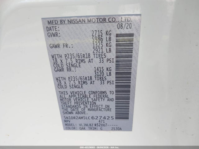 5N1DR2AM5LC627425 Nissan Pathfinder S 4wd