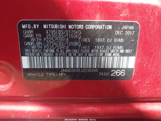 45329108 :رقم المزاد ، JA4AD3A35JZ035045 vin ، 2018 Mitsubishi Outlander Le مزاد بيع