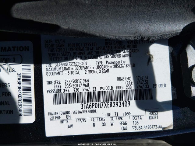 Aukcja sprzedaży 2014 Ford Fusion Se, vin: 3FA6P0H7XER293409, numer aukcji: 45329126