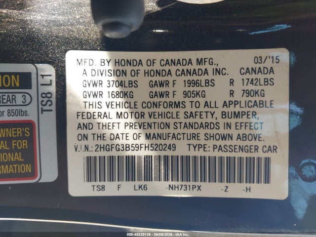 Продажа на аукционе авто 2015 Honda Civic Lx, vin: 2HGFG3B59FH520249, номер лота: 45329139