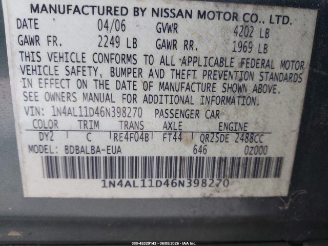 Aukcja sprzedaży 2006 Nissan Altima 2.5 S, vin: 1N4AL11D46N398270, numer aukcji: 45329143