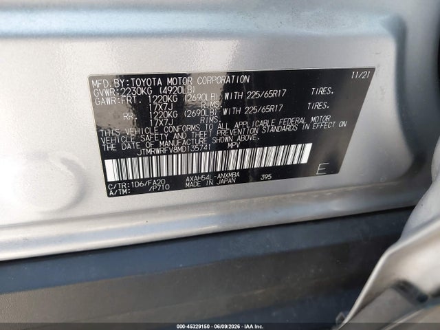JTMRWRFV8MD135741 Toyota Rav4 Hybrid Xle