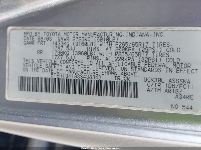2003 Toyota Tundra Sr5 V8 მანქანა იყიდება აუქციონზე, vin: 5TBRT34183S438343, აუქციონის ნომერი: 45329152