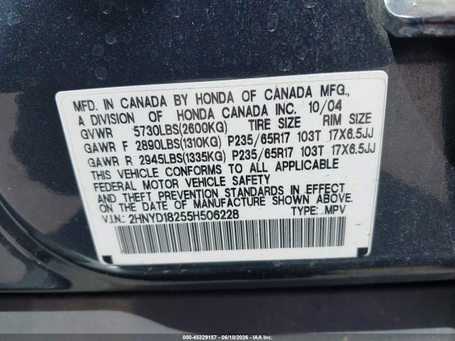 45329157 :رقم المزاد ، 2HNYD18255H506228 vin ، 2005 Acura Mdx مزاد بيع