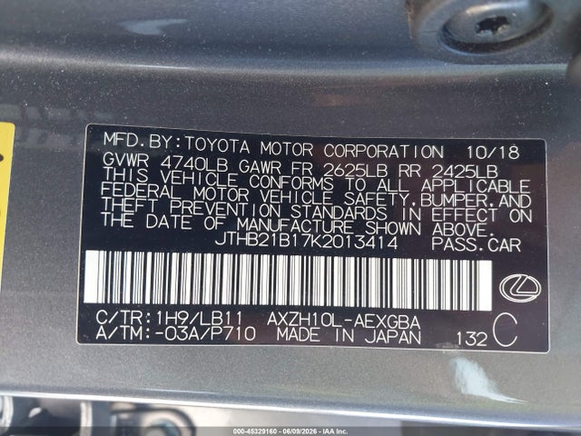 2019 Lexus Es 300h Luxury მანქანა იყიდება აუქციონზე, vin: JTHB21B17K2013414, აუქციონის ნომერი: 45329160