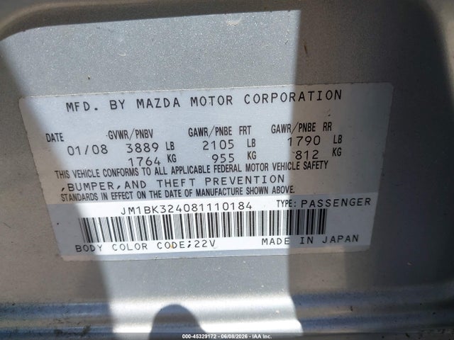 2008 Mazda Mazda3 S Touring მანქანა იყიდება აუქციონზე, vin: JM1BK324081110184, აუქციონის ნომერი: 45329172