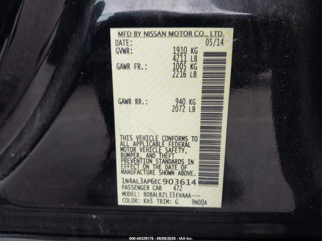 Aukcja sprzedaży 2014 Nissan Altima 2.5 S, vin: 1N4AL3AP6EC903614, numer aukcji: 45329176
