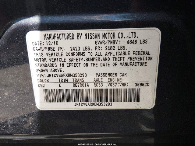 45329180 :رقم المزاد ، JN1CV6ARXBM353293 vin ، 2011 Infiniti G37x مزاد بيع