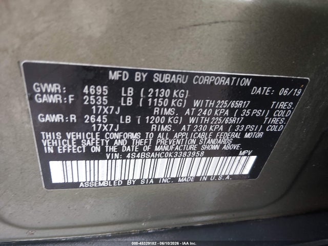 Aukcja sprzedaży 2019 Subaru Outback 2.5i Premium, vin: 4S4BSAHC0K3383958, numer aukcji: 45329182