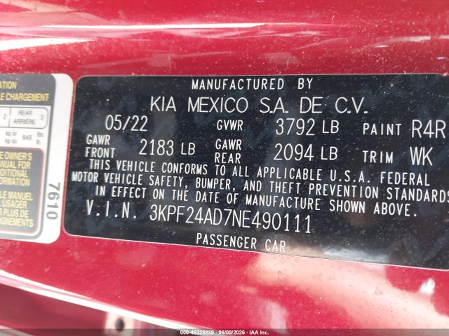 Продажа на аукционе авто 2022 Kia Forte Lxs, vin: 3KPF24AD7NE490111, номер лота: 45329229