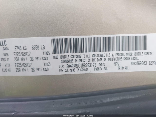 45329231 :رقم المزاد ، 2A4RR8DG1BR783173 vin ، 2011 Chrysler Town & Country Touring-l مزاد بيع