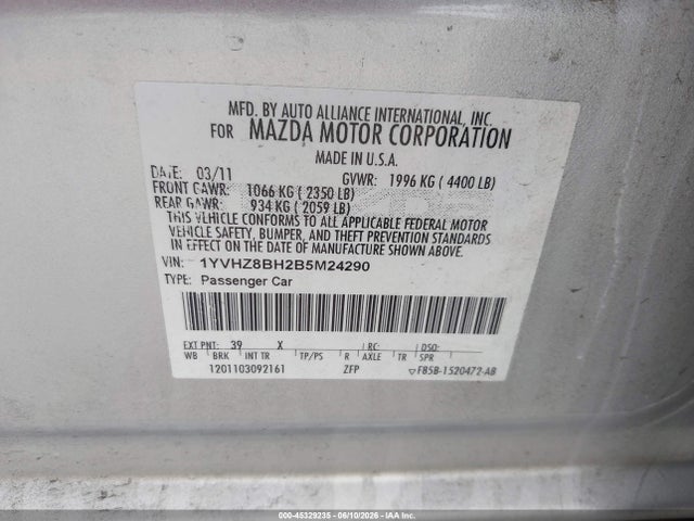 45329235 :رقم المزاد ، 1YVHZ8BH2B5M24290 vin ، 2011 Mazda Mazda6 I Sport مزاد بيع