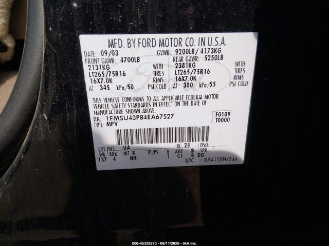 Aukcja sprzedaży 2004 Ford Excursion Limited, vin: 1FMSU43P84EA67527, numer aukcji: 45329273