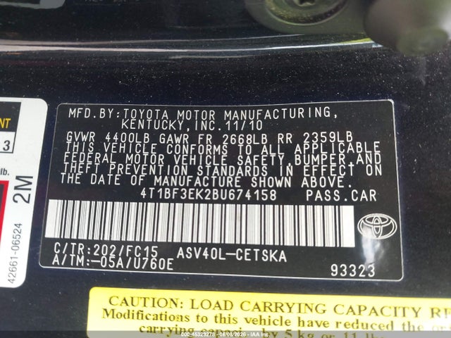 Auction sale of the 2011 Toyota Camry Se, vin: 4T1BF3EK2BU674158, lot number: 45329278