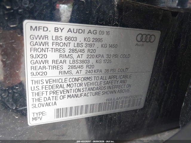 Aukcja sprzedaży 2017 Audi Q7 3.0t Premium, vin: WA1LAAF79HD028771, numer aukcji: 45329287