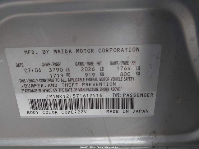 Продажа на аукционе авто 2007 Mazda Mazda3 I Sport, vin: JM1BK12F571612516, номер лота: 45329291