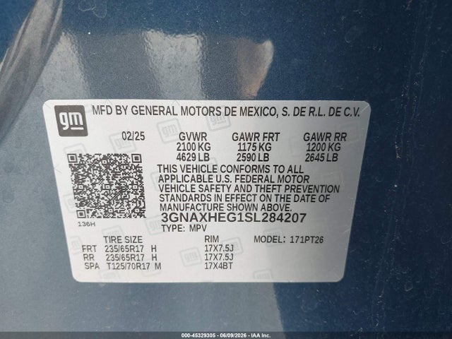 Aukcja sprzedaży 2025 Chevrolet Equinox Fwd Lt, vin: 3GNAXHEG1SL284207, numer aukcji: 45329305
