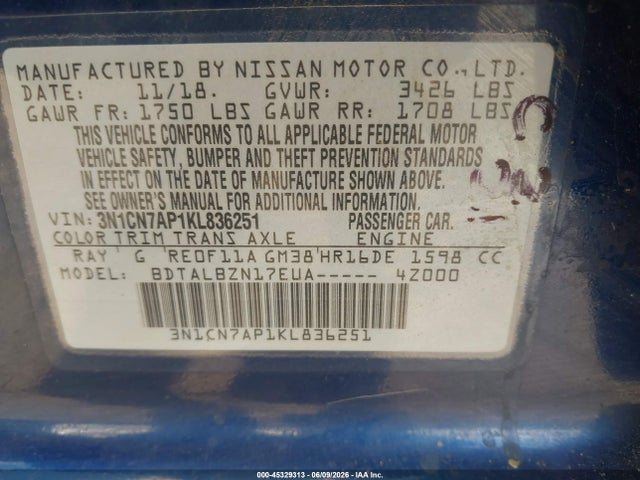 3N1CN7AP1KL836251 Nissan Versa 1.6 Sv