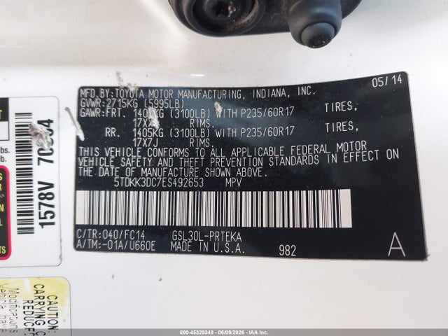 5TDKK3DC7ES492653 Toyota Sienna Le V6 8 Passenger