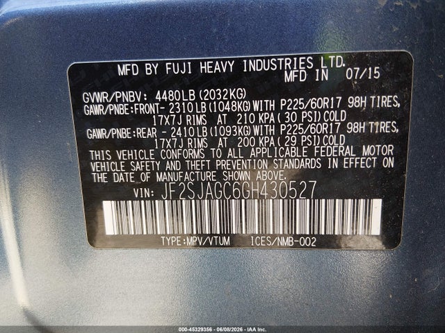 Aukcja sprzedaży 2016 Subaru Forester 2.5i Premium, vin: JF2SJAGC6GH430527, numer aukcji: 45329356