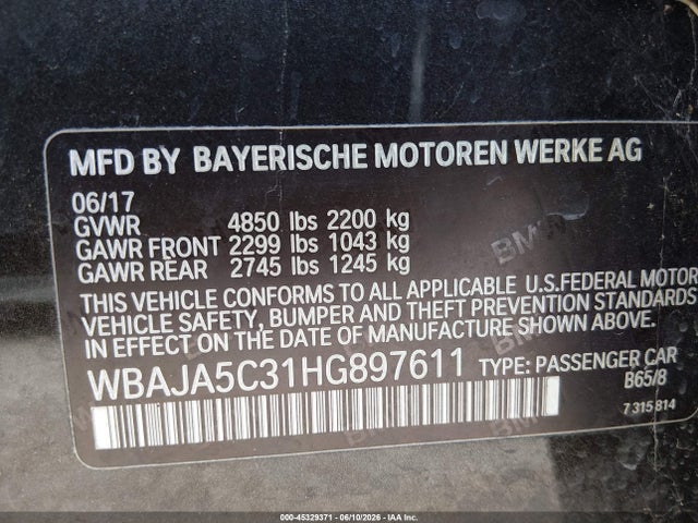 2017 Bmw 530i მანქანა იყიდება აუქციონზე, vin: WBAJA5C31HG897611, აუქციონის ნომერი: 45329371