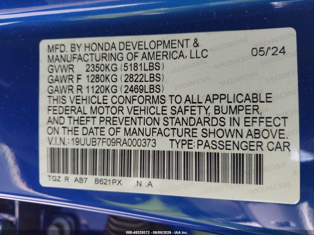 Acura Tlx Type S 2024 19UUB7F09RA000373 Image 9