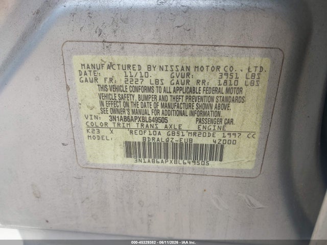 45329382 :رقم المزاد ، 3N1AB6APXBL649505 vin ، 2011 Nissan Sentra 2.0 مزاد بيع