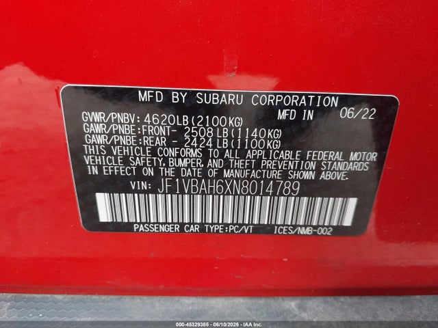Subaru Wrx Premium 2022 JF1VBAH6XN8014789 Image 9