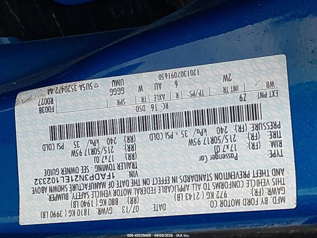 Продажа на аукционе авто 2014 Ford Focus Titanium, vin: 1FADP3N21EL102332, номер лота: 45329409