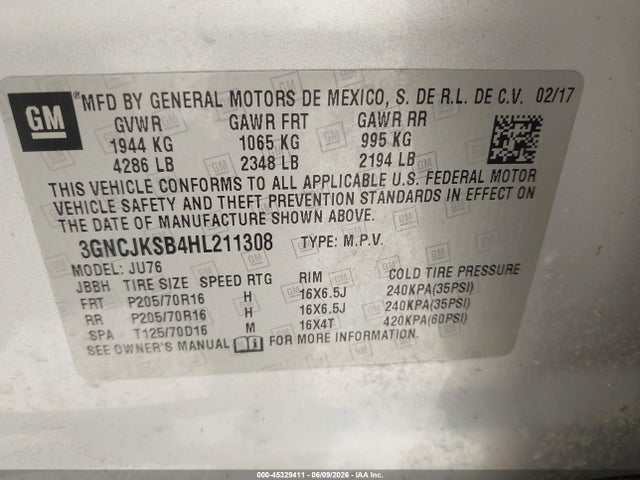 2017 Chevrolet Trax Ls მანქანა იყიდება აუქციონზე, vin: 3GNCJKSB4HL211308, აუქციონის ნომერი: 45329411