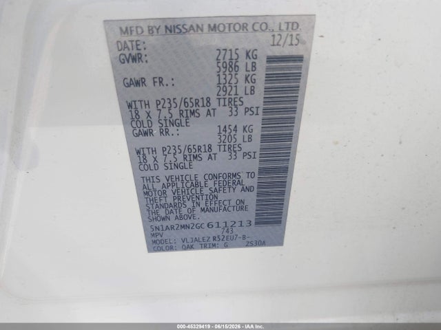 Продажа на аукционе авто 2016 Nissan Pathfinder Platinum/s/sl/sv, vin: 5N1AR2MN2GC611213, номер лота: 45329419