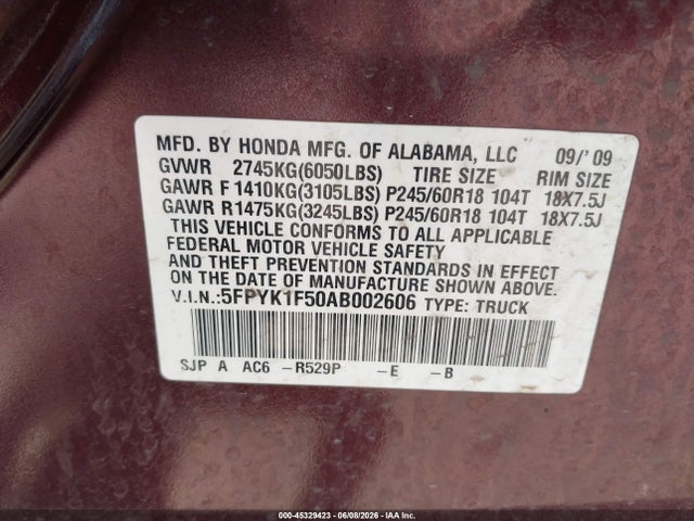 45329423 :رقم المزاد ، 5FPYK1F50AB002606 vin ، 2010 Honda Ridgeline Rtl مزاد بيع