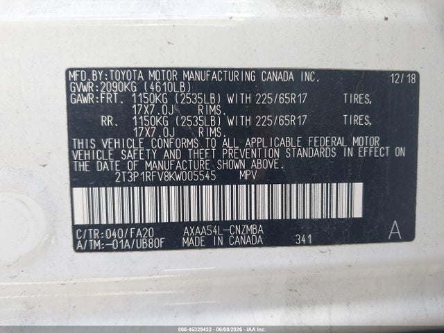 2T3P1RFV8KW005545 Toyota Rav4 Xle