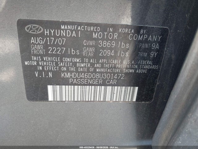 Продажа на аукционе авто 2008 Hyundai Elantra Gls/se, vin: KMHDU46D08U301472, номер лота: 45329436