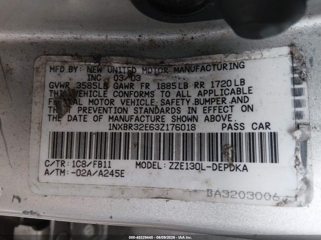 Aukcja sprzedaży 2003 Toyota Corolla Ce, vin: 1NXBR32E63Z176018, numer aukcji: 45329440