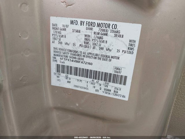 2008 Ford F-150 Fx4/lariat/xl/xlt მანქანა იყიდება აუქციონზე, vin: 1FTPX14V88FA72160, აუქციონის ნომერი: 45329451