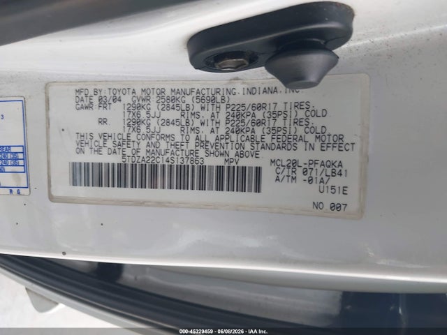 2004 Toyota Sienna Xle Limited მანქანა იყიდება აუქციონზე, vin: 5TDZA22C14S137863, აუქციონის ნომერი: 45329459