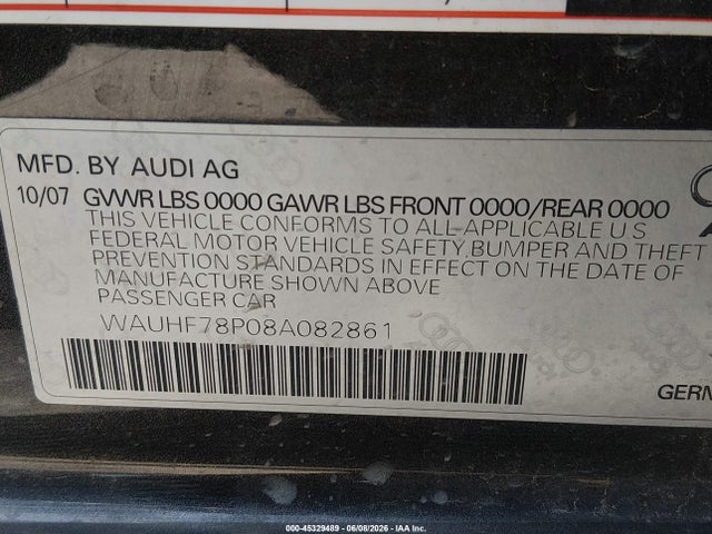 Продаж на аукціоні авто 2008 Audi A3 2.0t, vin: WAUHF78P08A082861, номер лоту: 45329489