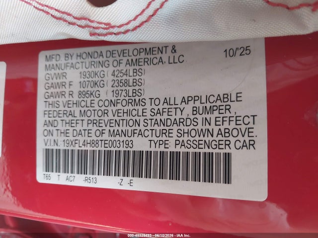 19XFL4H88TE003193 Honda Civic Hybrid Sport
