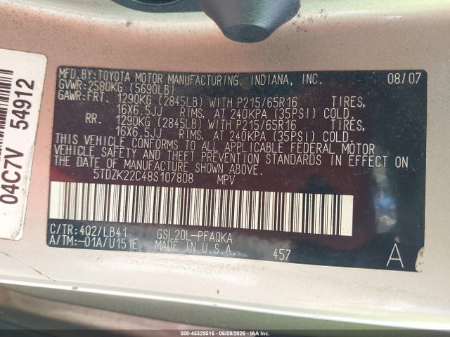 Aukcja sprzedaży 2008 Toyota Sienna Xle, vin: 5TDZK22C48S107808, numer aukcji: 45329516