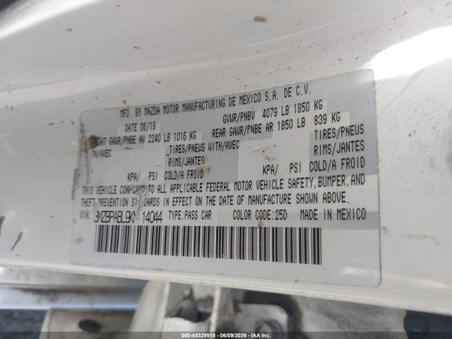 Aukcja sprzedaży 2019 Mazda Mazda3, vin: 3MZBPABL9KM114044, numer aukcji: 45329518