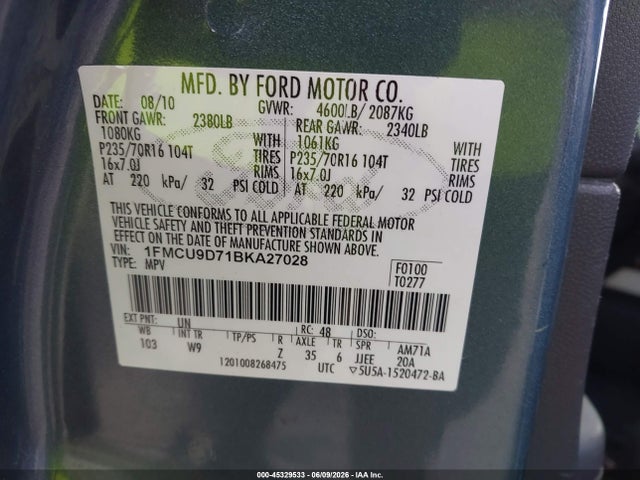 Aukcja sprzedaży 2011 Ford Escape Xlt, vin: 1FMCU9D71BKA27028, numer aukcji: 45329533