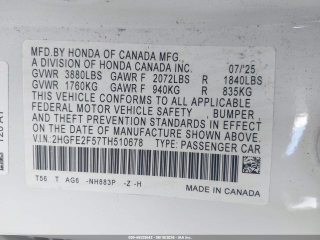 2HGFE2F57TH510678 Honda Civic Sport