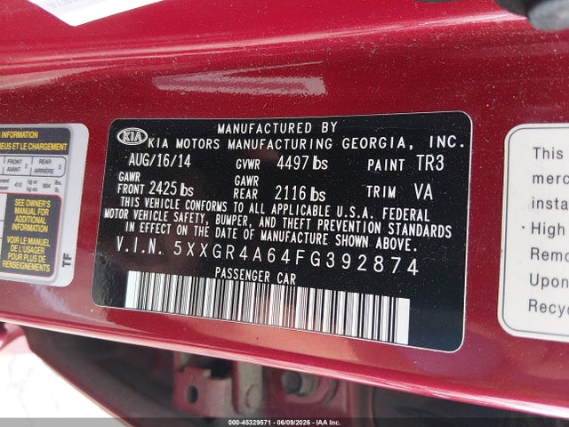 Auction sale of the 2015 Kia Optima Sx Turbo, vin: 5XXGR4A64FG392874, lot number: 45329571