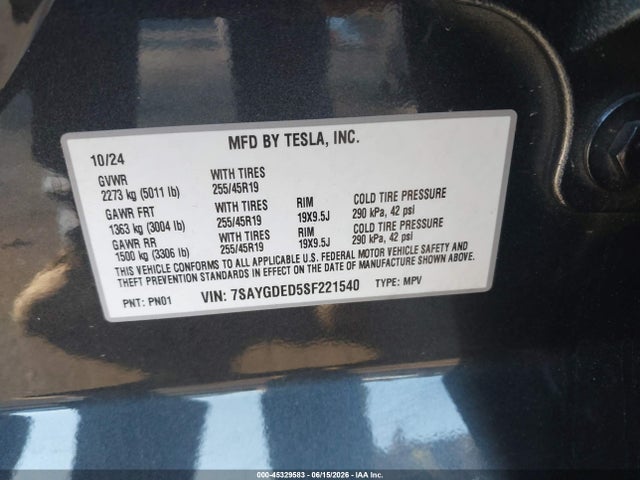45329583 :رقم المزاد ، 7SAYGDED5SF221540 vin ، 2025 Tesla Model Y Long Range Dual Motor Rear-wheel Drive مزاد بيع