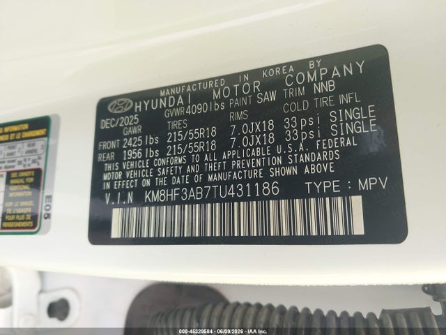 45329584 :رقم المزاد ، KM8HF3AB7TU431186 vin ، 2026 Hyundai Kona Sel Sport مزاد بيع