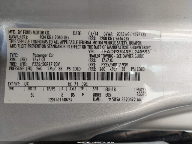 Aukcja sprzedaży 2014 Ford Focus Electric, vin: 1FADP3R45EL249653, numer aukcji: 45329601