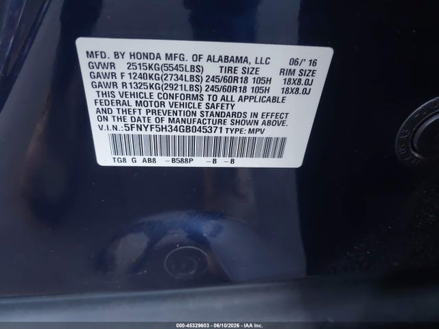Honda Pilot Ex 2016 5FNYF5H34GB045371 Image 9