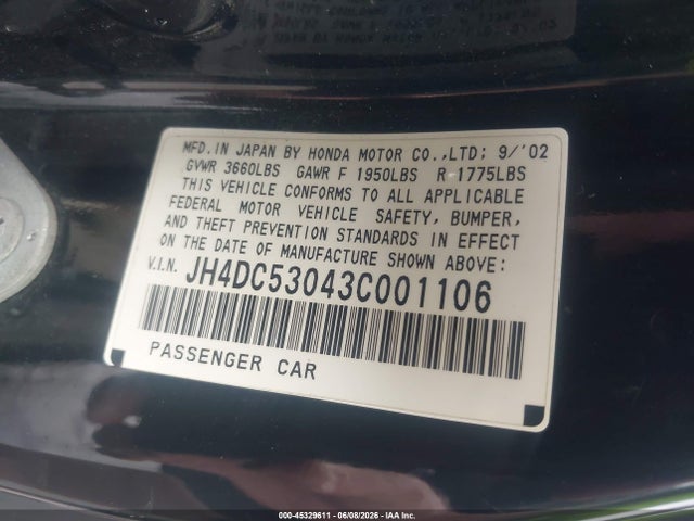 45329611 :رقم المزاد ، JH4DC53043C001106 vin ، 2003 Acura Rsx Type S مزاد بيع